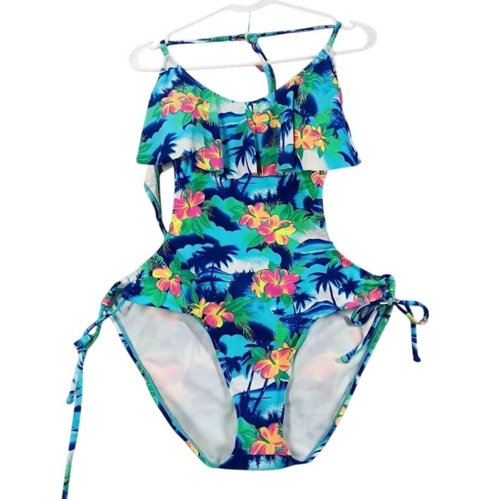 Candies One Piece Swimsuit‎ Womens XL Tropical Floral Ruffle Cutout Monokini